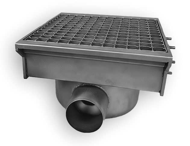 Stainless steel drain 300x265 with 2 exits for slotted channel Stainless steel drain 300x265 with 2 exits for slotted channel