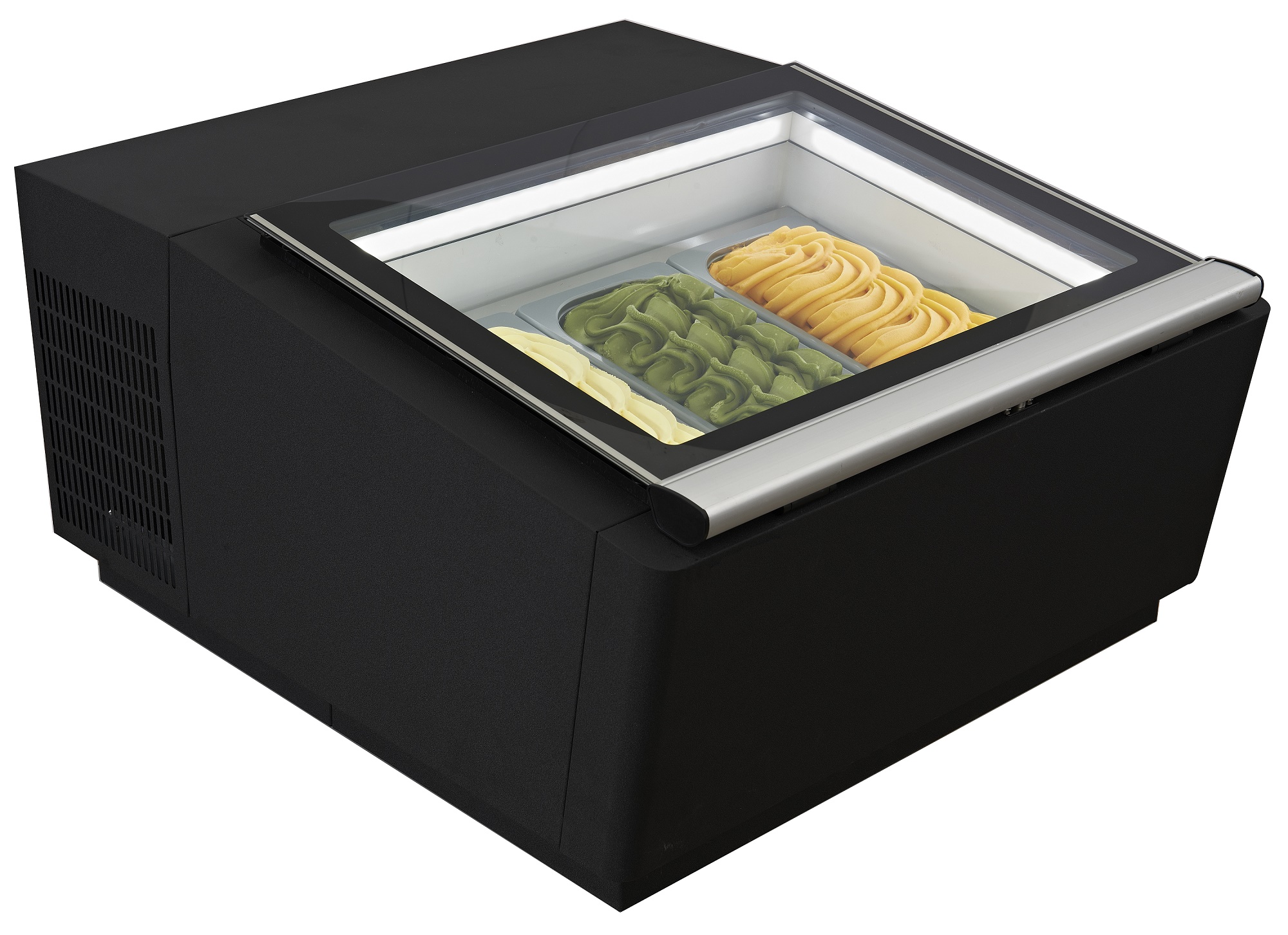 Countertop model ice cream display black opens on the operating side Countertop model ice cream display black opens on the operating side