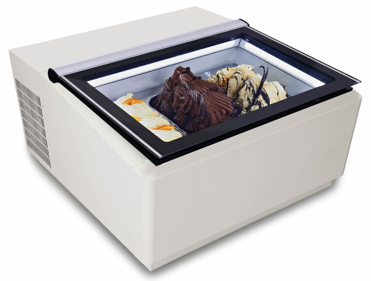 Countertop model ice cream display white opens on the customer side Countertop model ice cream display white opens on the customer side