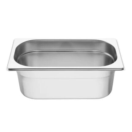 Stainless steel hotel pan on white background
