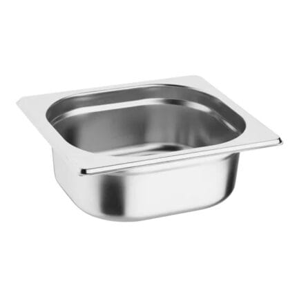 Stainless steel food service pan on white background