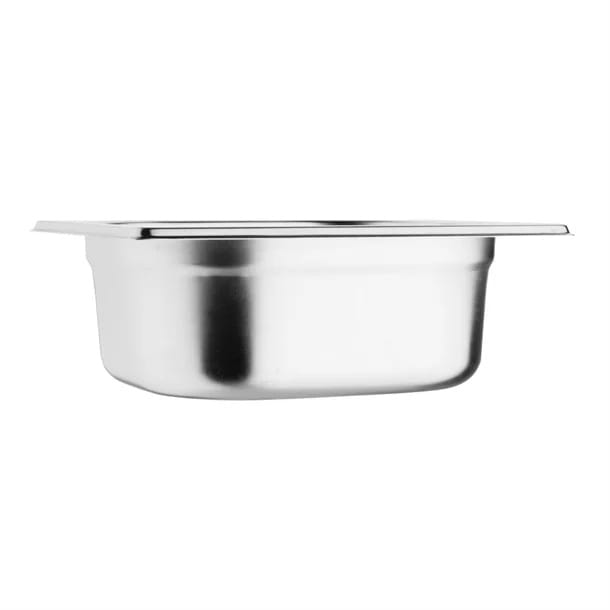 Stainless steel food pan on white background