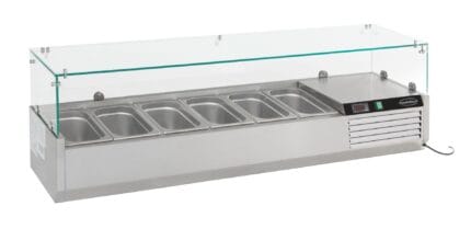 Commercial refrigerated buffet counter with glass sneeze guard