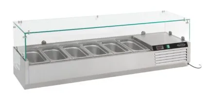 Commercial refrigerated buffet counter with glass sneeze guard