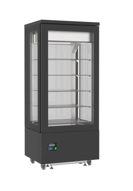Black glass refrigerated display cabinet with shelves