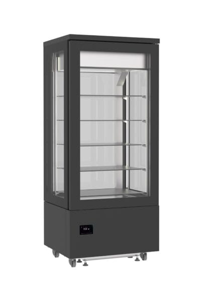 Modern glass refrigerated display cabinet with shelves