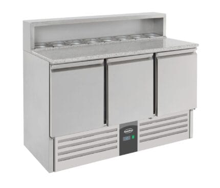 Stainless steel refrigerated prep table with ingredient bins