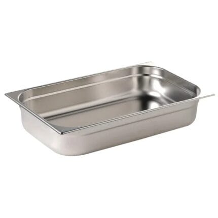 Stainless steel rectangular hotel pan on white background