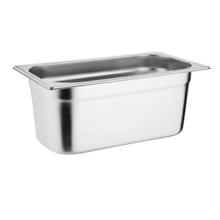 Stainless steel hotel pan on white background
