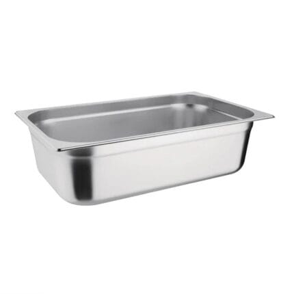 Stainless steel hotel pan on white background