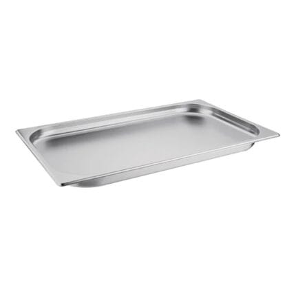 Stainless steel rectangular serving tray on white background