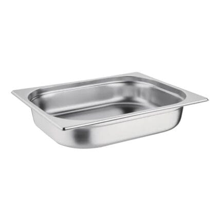 Stainless steel hotel pan on white background