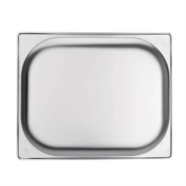 Rectangular stainless steel tray with rounded interior edges