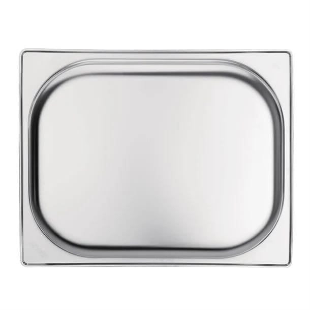 Rectangular stainless steel serving tray with rounded edges