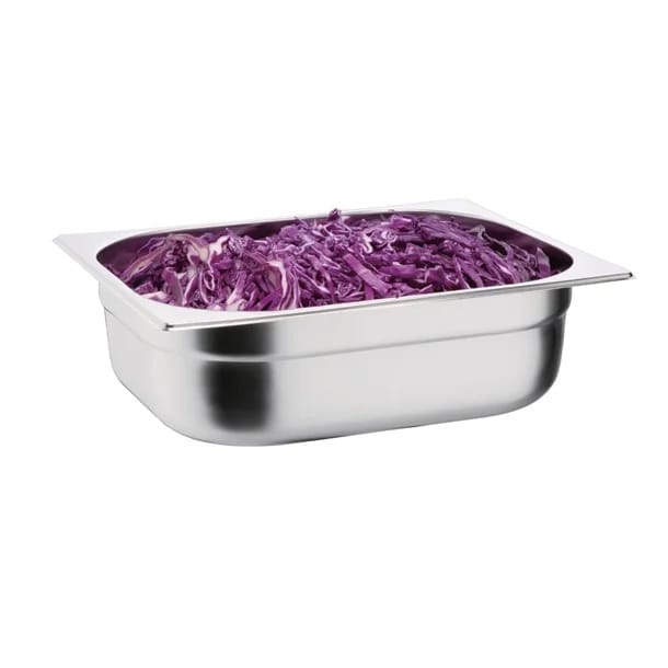 Stainless steel pan filled with shredded red cabbage