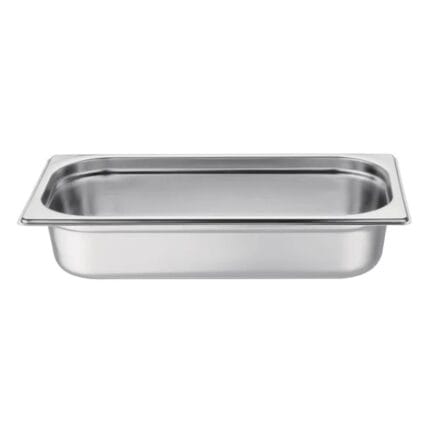 Stainless steel hotel pan on white background