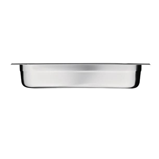 Shallow stainless steel baking pan, side view